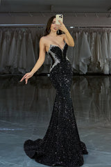 Dazzling Black Sleeveless Strapless V-Neck Evening Dresses Mermaid Gem With Beads