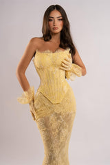 Chic Daffodil Strapless Sleeveless Lace Evening Dresses Mermaid Column With Gloves