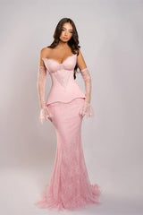 Timeless Pink Sweetheart Strapless Lace Mermaid Evening Dresses Detachable Long Sleeves On Sale