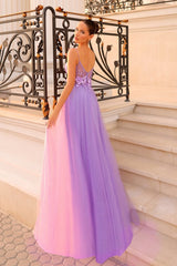 Beautiful Lilac Spaghetti-Strap Sleeveless Tulle Evening Dresses A-Line With Zipper Flower