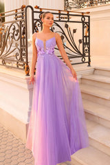 Beautiful Lilac Spaghetti-Strap Sleeveless Tulle Evening Dresses A-Line With Zipper Flower