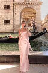 Sparkling Pink Square Straps Satin Evening Dresses Mermaid Column With Gloves