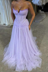Gorgeous Lilac Strapless Sleeveless Tulle Evening Dresses A-Line Beads With Pleats
