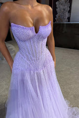 Gorgeous Lilac Strapless Sleeveless Tulle Evening Dresses A-Line Beads With Pleats