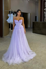 Gorgeous Lilac Strapless Sleeveless Tulle Evening Dresses A-Line Beads With Pleats