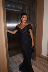 Glamorous Black Off-The-Shoulder Mermaid Evening Dresses Sheath Lace With Pleats