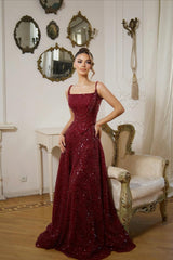 Shining Burgundy Spaghetti-Strap Sleeveless Sequins Evening Dresses A-Line Long With Beads