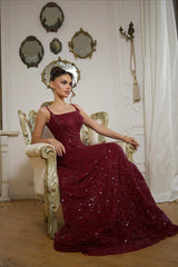 Shining Burgundy Spaghetti-Strap Sleeveless Sequins Evening Dresses A-Line Long With Beads
