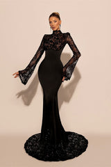 Exquisite Black High Collar Long Sleeves Lace Evening Dresses Mermaid Column With Zipper