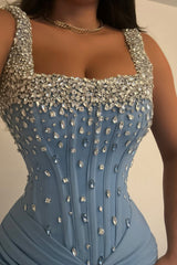 Dazzling Blue Square Straps Sleeveless Satin Evening Dresses Mermaid Sheath With Gem