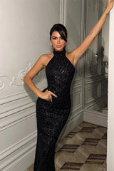 Timeless Black Halter Sleeveless Sequins Evening Dresses Mermaid Column On Sale