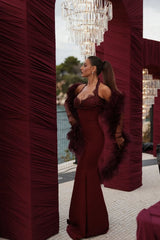 Glamorous Burgundy Sweetheart Halter Satin Evening Dresses Mermaid Lace With Gloves