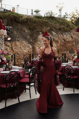 Glamorous Burgundy Sweetheart Halter Satin Evening Dresses Mermaid Lace With Gloves