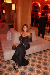 Exquisite Black Sweetheart Strapless Lace Mermaid Evening Dresses Sheath With Gloves