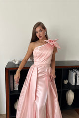 Timeless Pink One Shoulder Sleeveless Satin Mermaid Evening Dresses Detachable Skirt With Bow Knot