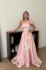 Timeless Pink One Shoulder Sleeveless Satin Mermaid Evening Dresses Detachable Skirt With Bow Knot