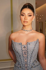 Exquisite Strapless Sleeveless Mermaid Evening Dresses Column Gem With Lace-Up Back