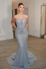 Exquisite Strapless Sleeveless Mermaid Evening Dresses Column Gem With Lace-Up Back