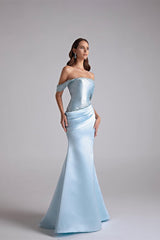 Glamorous Sky Blue Off-The-Shoulder Satin Mermaid Evening Dresses Beading With Zipper