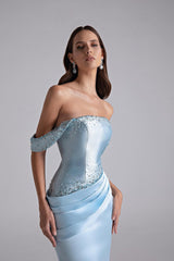Glamorous Sky Blue Off-The-Shoulder Satin Mermaid Evening Dresses Beading With Zipper