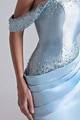 Glamorous Sky Blue Off-The-Shoulder Satin Mermaid Evening Dresses Beading With Zipper