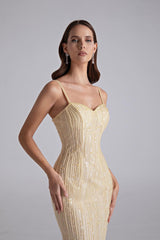 Sparkling Daffodil Spaghetti-Strap Sleeveless Evening Dresses Mermaid Beading With Zipper