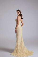 Sparkling Daffodil Spaghetti-Strap Sleeveless Evening Dresses Mermaid Beading With Zipper