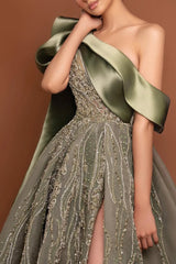 Exquisite Moss Asymmetrical A-Line Evening Dresses High Split Gem Beads With Ruffle