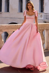 Chic Pink Spaghetti-Strap Sleeveless Satin Evening Dresses A-Line Beads With Zipper Bow Knot
