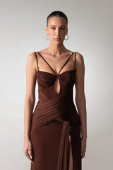 Timeless Chocolate Spaghetti-Strap Sleeveless Satin Evening Dresses Side Split With Pleats Zipper