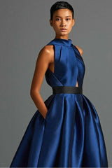 Fabulous Dark Navy Halter Sleeveless Satin Evening Dresses A-Line Long With Pleats