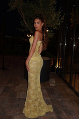 Dreamy Daffodil Sweetheart Strapless Sleeveless Lace Evening Dresses Mermaid Side Split With Lace-Up Back