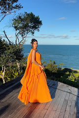 Timeless Orange Strapless Sleeveless Chiffon Evening Dresses A-Line With Zipper Pleats