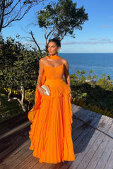 Timeless Orange Strapless Sleeveless Chiffon Evening Dresses A-Line With Zipper Pleats