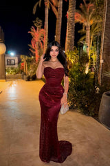 Sparkling Burgundy Sweetheart Strapless Sleeveless Sequins Evening Dresses Mermaid Column On Sale