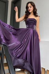 Glamorous Purple Strapless Sleeveless A-Line Evening Dresses Long Lace-Up Back With Pleats
