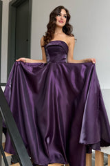 Glamorous Purple Strapless Sleeveless A-Line Evening Dresses Long Lace-Up Back With Pleats