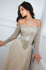 Shining Sweetheart Long Sleeves Tulle Evening Dresses A-Line Sequins Beads With Pleats