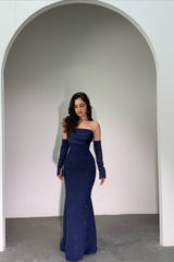 Classy Dark Navy Strapless Mermaid Evening Dresses Detachable Sleeves With Beads Zipper