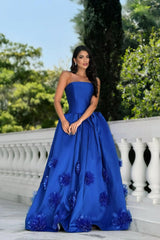 Elegant Royal Blue Strapless Sleeveless Satin Evening Dresses A-Line With Zipper Flower