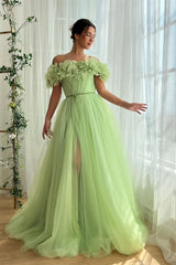 Dreamy Green Off-The-Shoulder Tulle Evening Dresses A-Line High Split With Flower