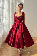 Elegant Burgundy Straps Sleeveless Satin Evening Dresses A-Line Ankle Length With Beads
