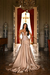 Shining Strapless Sleeveless A-Line Satin Evening Dresses Long Beads With Pleats