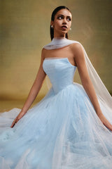 Dreamy Sky Blue Strapless Sleeveless Tulle Evening Dresses A-Line With Pleats