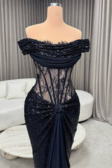 Timeless Black Off-The-Shoulder Sequins Mermaid Evening Dresses Sheath With Lace