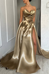 Luxury Sweetheart Strapless Sleeveless Satin Evening Dresses A-Line High Split With Pleats