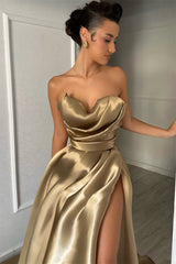 Luxury Sweetheart Strapless Sleeveless Satin Evening Dresses A-Line High Split With Pleats