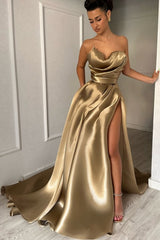 Luxury Sweetheart Strapless Sleeveless Satin Evening Dresses A-Line High Split With Pleats
