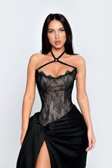 Exquisite Black Asymmetrical Halter Sleeveless Satin Lace Evening Dresses High Split With Pleats