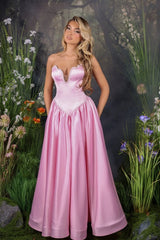 Glamorous Pink V-Neck Strapless Sleeveless Satin Evening Dresses A-Line With Beads Pleats